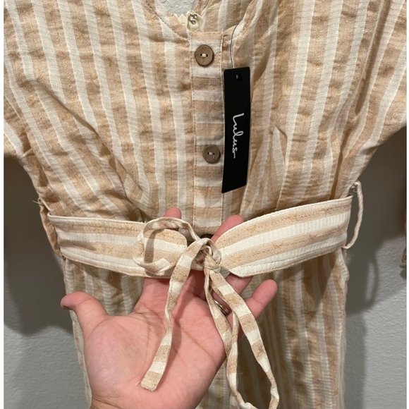 LULUS Weekend At The Beach Tan Striped 3/4 Sleeve Romper - Picture 5 of 7